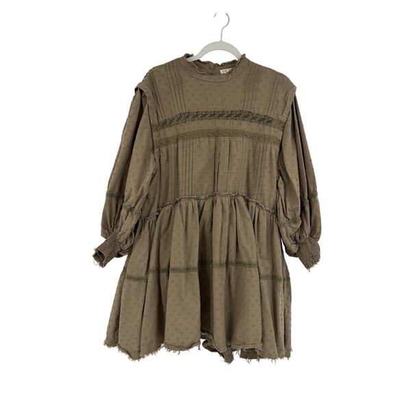 Pilcro Long Sleeve Mock Neck Swing Mini Dress Size L Rustic Olive Boho Eyelet - Picture 3 of 16